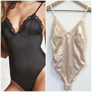 Champagne Lace, Satin, and Mesh Lingerie Bodysuit Top | F21, Size S